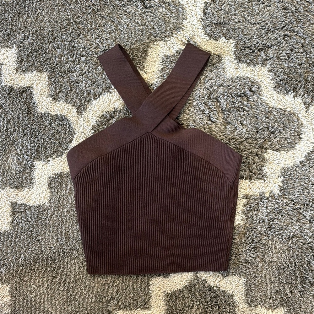 Brown Ribbed Cross-Back Women's Top